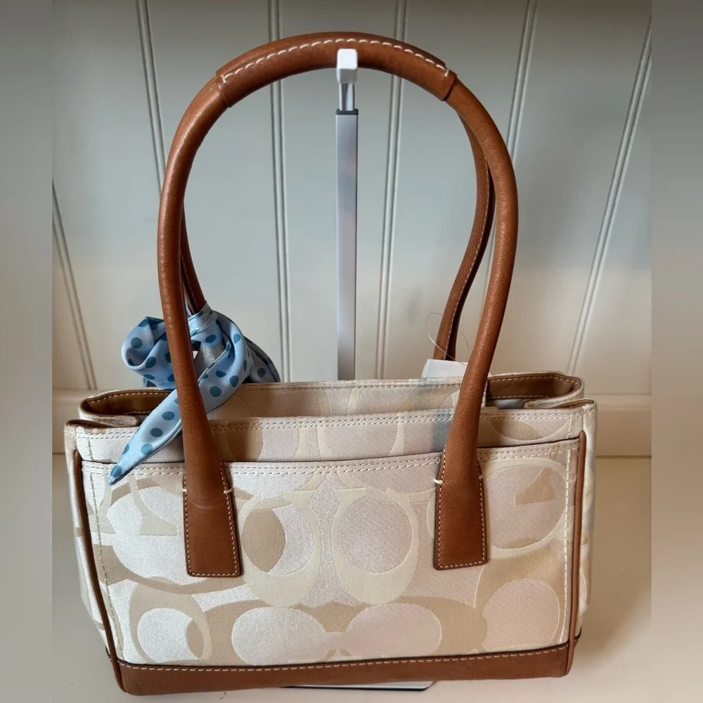 Coach Canvas Leather Brown and Cream Handbag with Blue Scarf NWT